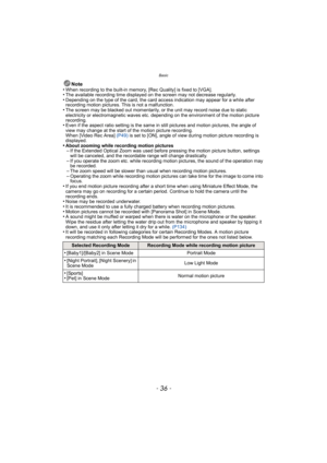 Page 36Basic
- 36 -
Note
•When recording to the built-in memory, [Rec Quality] is fixed to [VGA].•The available recording time displayed on the screen may not decrease regularly.•Depending on the type of the card, the card access indication may appear for a while after 
recording motion pictures. This is not a malfunction.
•The screen may be blacked out momentarily, or the unit may record noise due to static 
electricity or electromagnetic waves etc. depending on the environment of the motion picture...