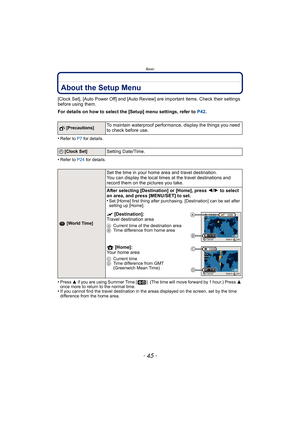 Page 45- 45 -
Basic
About the Setup Menu
[Clock Set], [Auto Power Off] and [Auto Review] are important items. Check their settings 
before using them.
For details on how to select the [Setup] menu settings, refer to P42.
•
Refer to P7  for details.
•Refer to P24  for details.
•Press 3 if you are using Summer Time [ ]. (The time will move forward by 1 hour.) Press  3 
once more to return to the normal time.
•If you cannot find the travel destination in the areas displayed on the screen, set by the time...