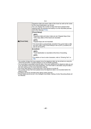 Page 46Basic
- 46 -
•The number of days that have passed since the departure date can be printed out using the 
“ PHOTOfunSTUDIO ” bundled software on the CD-ROM (supplied).
•The travel date is calculated using the date in the clock setting and the departure date you set. 
If you set [World Time] to the travel destination, the travel date is calculated using the date in 
the clock setting and the travel destination setting.
•The travel date setting is memorized even if the camera is turned off.•The number of...