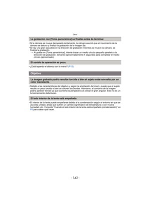 Page 143- 143 -
Otros
•Si la cámara se mueve demasiado lentamente, la cámara asumió que el movimiento de la 
cámara se detuvo y finalizó la grabación de la imagen fija.
•Si hay una gran sacudida en la dirección de grabación mientras se mueve la cámara, se 
finaliza la grabación. > Al grabar en [Toma panorámica], intente traz ar un medio círculo pequeño paralelo a la 
dirección de grabación, tomando aproxima damente 4 segundos para completar el medio 
círculo (aproximado).
•¿Está tapando el altavoz con la mano?...
