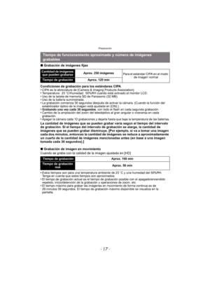 Page 17- 17 -
Preparación
∫Grabación de imágenes fijas
Condiciones de grabación para los estándares CIPA
•
CIPA es la abreviatura de [Camera & Imaging Products Association].•Temperatura: 23 oC/Humedad: 50%RH cuando está activado el monitor LCD.•Uso de la tarjeta de memoria SD de Panasonic (32 MB).•Uso de la batería suministrada.•La grabación comienza 30 segundos después de activar la cámara. (Cuando la función del 
estabilizador óptico de la ima gen está ajustada en [ON].)
•Grabando una vez cada 30 segundos ,...