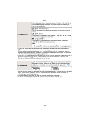 Page 48Básico
- 48 -
•El modo de ángulo alto se cancela también si apaga la cámara o bien si activa [Apagado 
auto.].
•El brillo de las imágenes visualizadas en el monitor LCD aumenta de manera que algunos 
sujetos pueden aparecer en el monitor LCD de manera diferente de la realidad. Sin embargo, 
esta graduación no afecta a las imágenes grabadas.
•El monitor LCD vuelve automáticamente al brillo normal a los 30 segundos cuando graba en el 
modo LCD de alimentación. Pulse cualquier botón para devolver el brillo...