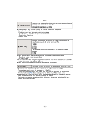 Page 50Básico
- 50 -
•[Apagado auto.]  está fijado en  [5 MIN. ]  en el modo Automático Inteligente.•[Apagado auto.] no funciona en los siguientes casos.–Cuando conecta a un ordenador o a una impresora–Cuando graba o reproduce imágenes en movimiento–Durante una diapositiva–[Demo. autom.]
•[Repr. auto] se activa independientemente de su ajuste en los siguientes casos.–Cuando se usa el muestreo automático–Al usar [Ráfaga]•En el modo automático inteligente o [Toma panorámica] en el modo de escena, la función de...