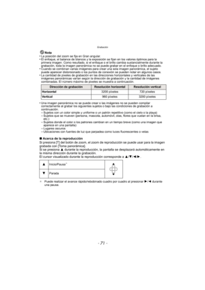 Page 71- 71 -
Grabación
Nota
•La posición del zoom se fija en Gran angular.•El enfoque, el balance de blancos y la exposición se fijan en los valores óptimos para la 
primera imagen. Como resultado, si el enfoque o el brillo cambia sustancialmente durante la 
grabación, toda la imagen panorámica no se puede grabar en el enfoque o brillo adecuado.
•Cuando se combinan varias imágenes para crear una sola imagen panorámica, el sujeto 
puede aparecer distorsionado o los puntos de conexión se pueden notar en algunos...