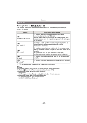 Page 85- 85 -
Grabación
Modos aplicables: 
Esto permite seleccionar el método de enfoque que se adapta a las posiciones y al 
número de sujetos.
¢[Ø] se usará durante la grabación de imágenes en movimiento.
Nota
•En ajuste de enfoque está fijado en [ Ø] en el modo de efecto de miniatura.•Se fijará a [ š] cuando el [Reconoce cara] esté ajustado en [ON].•No es posible ajustar [š] en los casos siguientes.–[Submarino]–En [Toma panorámica], [Paisaje noct.] y [Alimentos] en el modo de escena•No es posible ajustar [ ]...