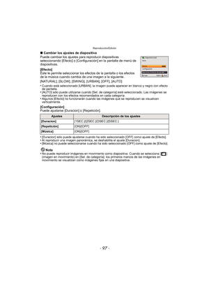 Page 97- 97 -
Reproducción/Edición
∫Cambiar los ajustes de diapositiva
Puede cambiar los ajustes para reproducir diapositivas 
seleccionando [Efecto] o [Configuración] en la pantalla de menú de 
diapositivas.
[Efecto]
Éste le permite seleccionar los efectos de la pantalla o los efectos 
de la música cuando cambia de una imagen a la siguiente.
[NATURAL], [SLOW], [SWING], [URBAN], [OFF], [AUTO]
•
Cuando está seleccionado [URBAN], la imagen puede aparecer en blanco y negro con efecto 
de pantalla.
•[AUTO] sólo...