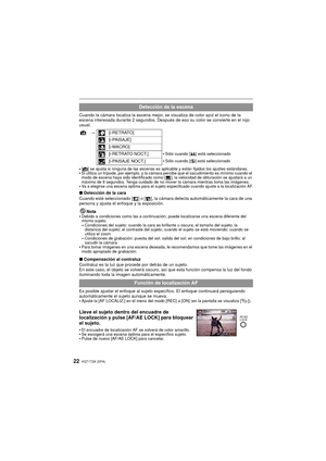 Page 22VQT1T28 (SPA)22
Cuando la cámara localiza la escena mejor, se visualiza de color azul el icono de la 
escena interesada durante 2 segundos. Después de eso su color se convierte en el rojo 
usual.

[¦] se ajusta si ninguna de las escenas es aplicable y están fijados los ajustes estándares.Si utiliza un trípode, por ejemplo, y la cámara percibe que el sacudimiento es mínimo cuando el 
modo de escena haya sido identificado como [ ], la velocidad de obturación se ajustará a un 
máximo de 8 segundos. Tenga...