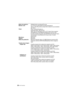 Page 30VQT1T28 (SPA)30
Modo de medición:Múltiple/Centro ponderado/Puntual
Monitor LCD: 3,0q LCD TFT policristalino de baja temperatura
(Aprox. 460.000 puntos) (campo de la  relación visual alrededor 
del 100%)
Flash: Flash incorporado pop-up
Rango del flash: [ISO AUTO]
Aprox. 80 cm (2,62 pies) a 8, 3 m (27,2 pies) (Gran angular) 
AUTOMÁTICO, AUTOMÁTICO/Reducción de ojos rojos, 
Forzado activado (Forzado activ ado/Reducción de ojos rojos), 
Sincronización lenta/Reducción de ojos rojos, Forzado 
desactivado...