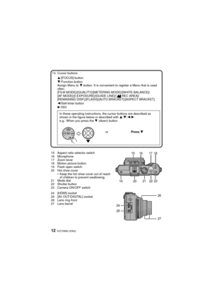 Page 12VQT2W83 (ENG)12
14 Cursor buttons
15 Aspect ratio selector switch
16 Microphone
17 Zoom lever
18 Motion picture button
19 Flash open switch
20 Hot shoe cover
•Keep the hot shoe cover out of reach 
of children to prevent swallowing.
21 Mode dial
22 Shutter button
23 Camera ON/OFF switch
24 [HDMI] socket
25 [AV OUT/DIGITAL] socket
26 Lens ring front
27 Lens barrel 3/[FOCUS] button
4/Function button
Assign Menu to 
4 button. It is convenient to register a Menu that is used 
often.
[FILM...