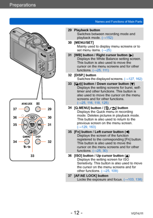 Page 12Preparations
Names and Functions of Main Parts
- 12 -VQT4J11
29 Playback buttonSwitches between recording mode and 
playback mode.  (→152)
30 [MENU/SET] Mainly used to display menu screens or to 
set menu items. (→25)
31 [WB] button / Right cursor button (
)
Displays the White Balance setting screen. 
This button is also used to move the 
cursor on the menu screens and for other 
functions. (→25, 111)
32 [DISP.] button Switches the displayed screens.  (→127, 162)
33 [
] button / Down cursor button ()...