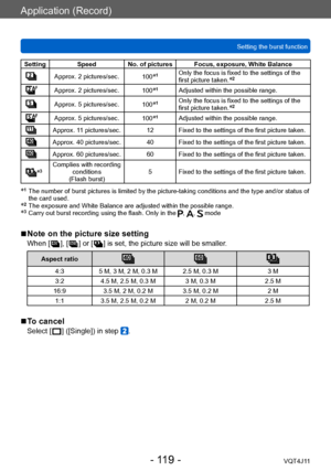 Page 119Application (Record)
Setting the burst function
- 119 -VQT4J11
Setting Speed No. of pictures  Focus, exposure, White Balance
Approx. 2 pictures/sec.100*1Only the focus is fixed to the settings of the 
first picture taken.*2
Approx. 2 pictures/sec.100*1Adjusted within the possible range.
Approx. 5 pictures/sec.100*1Only the focus is fixed to the settings of the 
first picture taken.*2
Approx. 5 pictures/sec.100*1Adjusted within the possible range.
Approx. 11 pictures/sec. 12 Fixed to the settings of the...