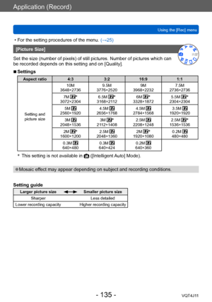 Page 135Application (Record)
Using the [Rec] menu
- 135 -VQT4J11
 • For the setting procedures of the menu. (→ 25)
[Picture Size]
Set the size (number of pixels) of still pictures. Number of pictures which can 
be recorded depends on this setting and on [Quality].
 ■Settings
Aspect ratio 4:33:216:9 1:1
Setting and  picture size 10M
3648×2736 9.5M
3776×2520 9M
3968×2232 7.5M
2736×2736
7M 
*3072×2304 6.5M *3168×2112 6M *3328×18725.5M *2304×2304
5M 
2560×1920 4.5M 2656×17684.5M 2784×15683.5M 1920×1920
3M 
2048×1536...