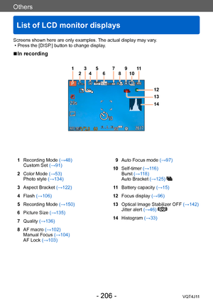 Page 206Others
List of LCD monitor displays
- 206 -VQT4J11
Screens shown here are only examples. The actual display may vary. • Press the [DISP.] button to change display.
 ■In recording
123
4 5
6 7
89
10 11
12
13
14
1 Recording Mode  (→48)
Custom Set (→91)
2 Color Mode  (→53)
Photo style (→134)
3 Aspect Bracket (→122)
4 Flash (→106)
5 Recording Mode  (→150)
6 Picture Size (→135)
7 Quality (→136)
8 AF macro (→102)
Manual Focus  (→104)
AF Lock (→103) 9
Auto Focus mode (→97)
10 Self-timer (→116)
Burst (→118)
Auto...