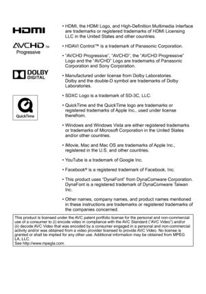 Page 226 • HDMI, the HDMI Logo, and High-Definition Multimedia Interface are trademarks or registered trademarks of HDMI Licensing 
LLC in the United States and other countries.
 • HDA

VI Control™ is a trademark of Panasonic Corporation.
 • “A

VCHD Progressive”, “AVCHD”, the “AVCHD Progressive” 
Logo and the “AVCHD” Logo are trademarks of Panasonic 
Corporation and Sony Corporation.
 • Manufactured under license from Dolby Laboratories.  Dolby and the double-D symbol are trademarks of Dolby 
Laboratories.
 •...