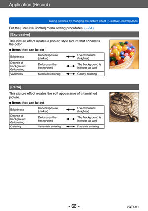 Page 66Application (Record)
Taking pictures by changing the picture effect  [Creative Control] Mode
- 66 -VQT4J11
For the [Creative Control] menu setting procedures. (→64)
[Expressive]
This picture effect creates a pop art style picture that enhances 
the color.
 ■Items that can be set
Brightness Underexposure 
(darker)Overexposure 
(brighter)
Degree of 
background 
defocusing Defocuses the 
background
The background is 
in focus as well
Vividness Subdued coloring
Gaudy coloring
[Retro]
This picture effect...