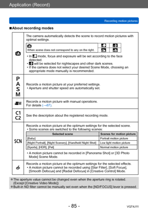 Page 85Application (Record)
Recording motion pictures
- 85 -VQT4J11
 ■About recording modes
The camera automatically detects the scene to record motion pictures with 
optimal settings.
When scene does not correspond to any on the right.
 • In  mode, focus and exposure will be set according to the face 
detected.
 • will be selected for nightscapes and other dark scenes. • If the camera does not select your desired Scene Mode, choosing an  appropriate mode manually is recommended.
Records a motion picture at...