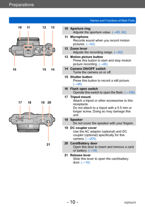 Page 10Preparations
Names and Functions of Main Parts
- 10 -VQT4J11
10 Aperture ringAdjusts the aperture value.  (→60, 62)
11 Microphone Records sound when you record motion 
pictures. (→82)
12 Zoom lever Adjusts the recording range.  (→92)
13 Motion picture button Press this button to start and stop motion 
picture recording.  (→46)
14 Camera ON/OFF switch Turns the camera on or off.
15 Shutter button Press this button to record a still picture. 
(→46)
16 Flash open switch Operate this switch to open the...