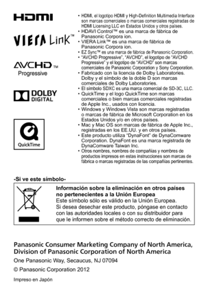 Page 28 •HDMI, el logotipo HDMI y High-Definition Multimedia Interface 
son marcas comerciales o marcas comerciales registradas de 
HDMI Licensing LLC en Estados Unidos y otros países.
 • HDAVI Control™ es una marca de fábrica de Panasonic Corpora ion.
 • VIERA Link™ es una marca de fábrica de Panasonic Corpora ion.
 •EZ Sync™ es una marca de fábrica de Panasonic Corporation. •“AVCHD Progressive”, “AVCHD”, el logotipo de “AVCHD 
Progressive” y el logotipo de “AVCHD” son marcas 
comerciales de Panasonic...