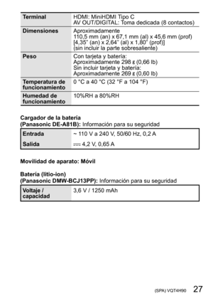 Page 27 (SPA) VQT4H90   27
TerminalHDMI: MiniHDMI Tipo C
AV OUT/DIGITAL: Toma dedicada (8 contactos)
Dimensiones Aproximadamente  
110,5
 mm (an) x 67,1 mm (al) x 45,6 mm (prof)
[4,35” (an) x 2,64” (al) x 1,80” (prof)]
(sin incluir la parte sobresaliente)
Peso Con tarjeta y batería: 
Aproximadamente 298 
 (0,66 lb)
Sin incluir tarjeta y batería: 
Aproximadamente 269 
 (0,60 lb)
Temperatura de 
funcionamiento 0 °C a 40 °C (32 °F a 104 °F)
Humedad de 
funcionamiento 10%RH a 80%RH
Cargador de la batería
(Panasonic...