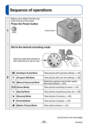 Page 25- 25 -VQT4K59
Basics
Sequence of operations
1
Make sure to detach the lens cap 
when turning on the power.
Power button
Press the Power button
2
Set to the desired recording mode
Align the mode dial correctly to 
the mode that you want to use. →
[Intelligent Auto] Mode
Take pictures with automatic settings. (→30)
[Program AE] ModeTake pictures with your own settings. (→28)
[Manual Exposure] ModeDetermine aperture and shutter speed, 
then take pictures. (→63)
[Scene Mode]
Take pictures according to scene....