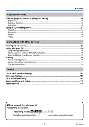 Page 5- 5 -VQT4K59
 C
ontents
 
■How to read this document
 ●Recording mode icons
Recording mode:  
       
Available recording modes Unavailable recording modes
Application (View)
Different playback methods  [Playback Mode] ............................................................ 84[Slide Show] ......................................................................................................................................85
[Category Selection]...