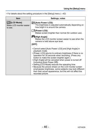 Page 46- 46 -VQT4K59
Using the [Setup] menu
ItemSettings, notes
[LCD Mode]
Make LCD monitor easier 
to see. [Auto Power LCD]: The brightness is adjusted automatically depending on 
how bright it is around the camera.
 [Power LCD]:Makes screen brighter than normal (for outdoor use).
 [High Angle]: Makes the LCD monitor screen easier to see when the 
camera is held above eye level.
[OFF]
 • Cannot select [Auto Power LCD] and [High Angle] in playback mode.
 • [Power LCD] returns to ordinary brightness if there is...