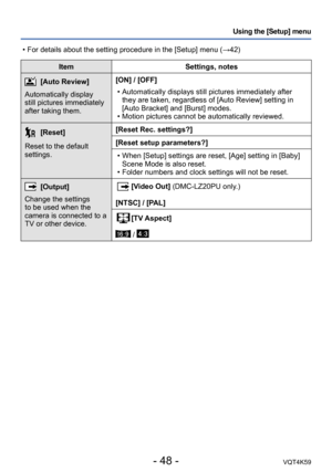 Page 48- 48 -VQT4K59
Using the [Setup] menu
ItemSettings, notes
[Auto Review]
Automatically display 
still pictures immediately 
after taking them. [ON] / [OFF]
 • Automatically displays still pictures immediately after they are taken, regardless of [Auto Review] setting in 
[Auto Bracket] and [Burst] modes.
 • Motion pictures cannot be automatically reviewed.
[Reset]
Reset to the default 
settings. [Reset Rec. settings?]
[Reset setup parameters?]
 • When [Setup] settings are reset, [Age] setting in [Baby]...