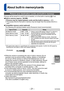 Page 21- 21 -VQT4K59
About built-in memory/cards
Picture save destination (cards and built-in memory)
Pictures will be saved to a card if one is inserted, or to the built-in memory  if not.
 
■Built-in memory (approx. 100 MB)
 ●Pictures may be copied between cards and the built-in memory. (→91) ●The access time for the built-in memory may be longer than the access time for a 
card.
 
■Compatible memory cards (optional)
The following SD standard-based cards (Panasonic brand recommended)
Type of Card Capacity...