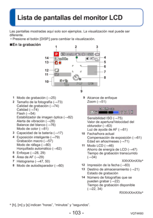 Page 103- 103 -VQT4K60
Lista de pantallas del monitor LCD
Las pantallas mostradas aquí solo son ejemplos. La visualización r\
eal puede ser 
diferente. • Presione el botón [DISP.] para cambiar la visualización.
 
■ En la grabación
1Modo de grabación ( →25)2Tamaño de la fotografía ( →73)
Calidad de grabación ( →74)
Calidad ( →74)
Flash (→54)
Estabilizador de imagen óptica ( →82)
Alerta de vibración ( →28)
Balance del blanco ( →76)
Modo de color ( →81)
3Capacidad de la batería ( →17)4Exposición inteligente (→79)...