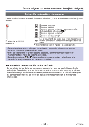 Page 31- 31 -VQT4K60
Toma de imágenes con ajustes automáticos  Modo [Auto inteligente] 
Detección automática de escenas
La cámara lee la escena cuando la apunta al sujeto, y hace automát\
icamente los ajustes 
óptimos.
El icono de la escena 
detectada
Reconoce personasReconoce paisajesReconoce escenas nocturnas y personas en ellas 
(Sólo cuando se selecciona )∗Reconoce escenas nocturnas∗Reconoce primeros planosReconoce puestas de solLee el movimiento del sujeto para evitar el desenfoque 
cuando la escena no...