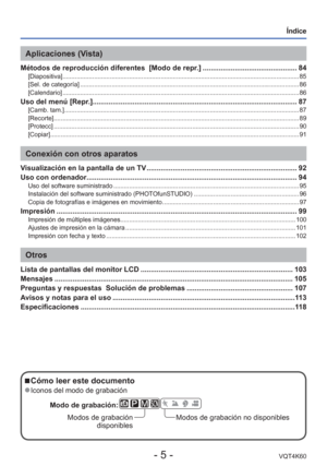 Page 5- 5 -VQT4K60
 
Índice
 
■Cómo leer este documento
 
●Iconos del modo de grabación
Modo de grabación: 
       
Modos de grabación  disponibles Modos de grabación no disponibles
Aplicaciones (Vista)
Métodos de reproducción diferentes  [Modo de repr.] ............................................... 84[Diapositiva] ........................................................................\
............................................................... 85
[Sel. de categoría]...