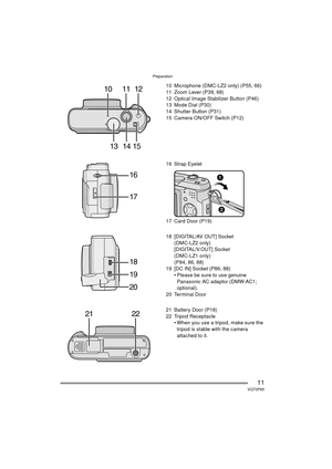 Page 11Preparation
11VQT0P65
10 Microphone (DMC-LZ2 only) (P55, 66)
11 Zoom Lever (P39, 68)
12 Optical Image Stabilizer Button (P46)
13 Mode Dial (P30)
14 Shutter Button (P31)
15 Camera ON/OFF Switch (P12)
16 Strap Eyelet
17 Card Door (P19)
18 [DIGITAL/AV OUT] Socket(DMC-LZ2 only)
[DIGITAL/V.OUT] Socket
(DMC-LZ1 only)
(P84, 86, 88)
19 [DC IN] Socket (P86, 88)
 Please be sure to use genuine Panasonic AC adaptor (DMW-AC1; 
optional).
20 Terminal Door
21 Battery Door (P18)
22 Tripod Receptacle  When you use a...