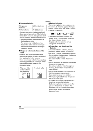 Page 14Preparation
14VQT0P65
∫Unusable batteries
 Operations by using the batteries listed  above are not guaranteed. If the batteries 
listed above are used,  leakages can result 
and the following malfunctions can occur;
– Remaining battery power may not be  displayed accurately.
– The camera may not be turned on.
– Data written to the built-in memory or  the card can be damaged resulting in 
the loss of photos.
∫ Shapes of batteries that cannot be 
used
 Batteries with unusual shapes cause  leakage,...