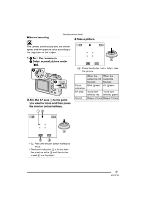 Page 31Recording pictures (basic)
31VQT0P65
∫Normal recording
The camera automatically sets the shutter 
speed and the aperture value according to 
the brightness of the subject.
1 1 Turn the camera on.
2 Select normal picture mode 
[].
2Aim the AF area  1 to the point 
you want to focus and then press 
the shutter button halfway.
 A : Press the shutter button halfway to 
foc us.
 The focus indication  2 is lit and then 
the aperture value  3 and the shutter 
speed  4 are displayed.
3Take a picture.
B :...
