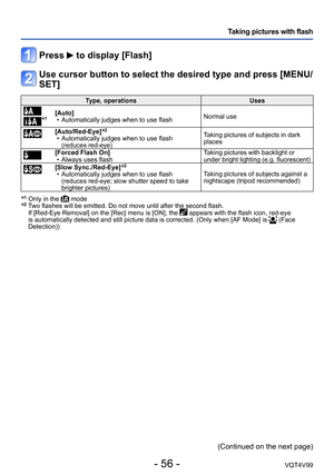 Page 56- 56 -VQT4V99
Taking pictures with flash
Press  to display [Flash]
Use cursor button to select the desired type and press [MENU/
SET]
Type, operationsUses
*1[Auto] • Automatically judges when to use flashNormal use
[Auto/Red-Eye]*2 • Automatically judges when to use flash  
(reduces red-eye) Taking pictures of subjects in dark 
places
[Forced Flash On] • Always uses flash
Taking pictures with backlight or 
under bright lighting (e.g. fluorescent)[Slow Sync./Red-Eye]*2 • Automatically judges when to use...