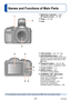 Page 9- 9 -VQT4V99
Names and Functions of Main Parts
1
4 52
6
7
3
8 91Self-timer indicator (→62) / 
AF Assist Lamp (→27, 88)
2
Flash (→27, 55)
3
Lens
4LCD monitor (→52, 113, 114)
5
[EXPOSURE] button (→65)
Operate this when setting the shutter 
speed or aperture value (only in the 
 mode).
6
Playback button (→28, 37, 92)
Use this to switch to playback mode.
7
Cursor button (→11)
8
[DISP.] button (→52) 
Use this to change display.
9
[Q.MENU] / [] / [] button In the recording mode:  
Quick menu is displayed....