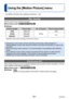 Page 91- 91 -VQT4V99
[Rec Quality] 
Set the picture size of motion pictures.
 ■Recording mode:        
 ■Settings:
Picture Quality Picture Size No. of Frames Picture Aspect Ratio[HD] 1280x720
30 fps16:9
[VGA] 640x480
4:3
[QVGA] *
320x240
*
 [QVGA] is fixed when recording to the built-in memory.  
 ●Depending on the motion picture recording environment, static electricity or 
electromagnetic waves may cause the screen to go black momentarily or noise to be 
recorded.
 ●When recording motion pictures, it is...