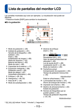 Page 113- 113 -VQT4W01
Lista de pantallas del monitor LCD
Las pantallas mostradas aquí solo son ejemplos. La visualización r\
eal puede ser 
diferente.
 •Presione el botón [DISP

.] para cambiar la visualización.
 ■En la grabación
Otros
1Modo de grabación (→26)2Calidad de grabación (→91)
Tamaño de la fotografía (→80)
Calidad (→81)
Flash (→56)
Estabilizador de imagen (→89)
Alerta de vibración (→33)
Balance del blanco (→82)
Modo de color (→88)
3Capacidad de la batería (→17)4Exposición inteligente (→86)
Grabación...