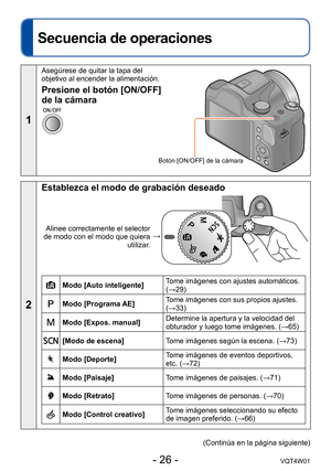 Page 26- 26 -VQT4W01
Operaciones básicas
Secuencia de operaciones
1
Asegúrese de quitar la tapa del 
objetivo al encender la alimentación.
Botón [ON/OFF] de la cámara
Presione el botón [ON/OFF] 
de la cámara
2
Establezca el modo de grabación deseado
Alinee correctamente el selector 
de modo con el modo que quiera  utilizar.→
Modo [Auto inteligente]
Tome imágenes con ajustes automáticos. 
(→29)
Modo [Programa AE]Tome imágenes con sus propios ajustes. 
(→33)
Modo [Expos. manual]Determine la apertura y la...