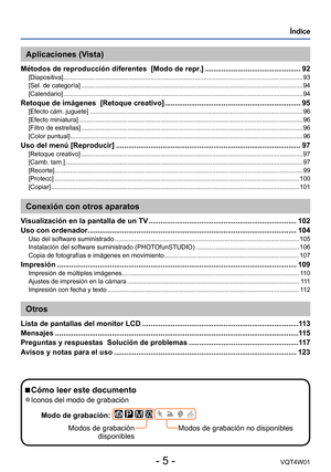 Page 5- 5 -VQT4W01
 Índice
 ■Cómo leer este documento
 ●Iconos del modo de grabaciónModo de grabación:  
       
Modos de grabación  disponibles Modos de grabación no disponibles
Aplicaciones (Vista)
Métodos de reproducción diferentes  [Modo de repr.] ............................................... 92[Diapositiva] ...
........................................................................\
............................................................ 93
[Sel. de categoría]...