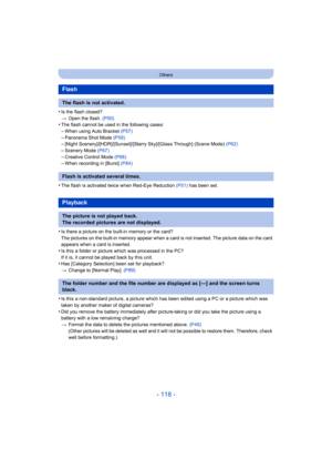 Page 118- 118 -
Others
•Is the flash closed?
>Open the flash.  (P50)
•The flash cannot be used in the following cases:–When using Auto Bracket  (P57)
–Panorama Shot Mode (P59)–[Night Scenery]/[HDR]/[Sunset]/[Starry Sky]/[Glass Through] (Scene Mode)  (P62)–Scenery Mode (P67)
–Creative Control Mode  (P68)–When recording in [Burst]  (P84)
•The flash is activated twice when Red-Eye Reduction (P51) has been set.
•Is there a picture on the built-in memory or the card?
The pictures on the built-in memory appear when a...