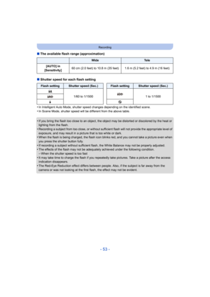 Page 53- 53 -
Recording
∫The available flash range (approximation)
∫ Shutter speed for each flash setting
•
In Intelligent Auto Mode, shutter speed changes depending on the identified scene.
•In Scene Mode, shutter speed will be different from the above table.
•If you bring the flash too close to an object, the object may be distorted or discolored by the heat or 
lighting from the flash.
•Recording a subject from too close, or without sufficient flash will not provide the appropriate level of 
exposure, and...