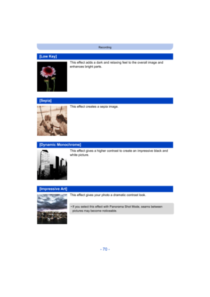 Page 70- 70 -
Recording
This effect adds a dark and relaxing feel to the overall image and 
enhances bright parts.
This effect creates a sepia image.
This effect gives a higher contrast to create an impressive black and 
white picture.
This effect gives your photo a dramatic contrast look.
[Low Key]
[Sepia]
[Dynamic Monochrome]
[Impressive Art]
•If you select this effect with Panorama Shot Mode, seams between 
pictures may become noticeable. 