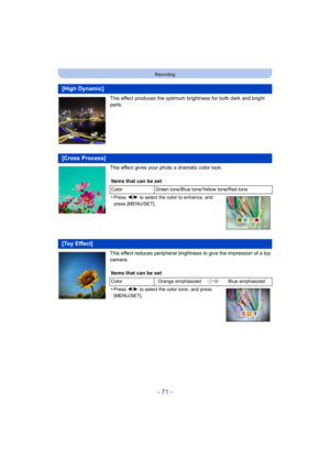 Page 71- 71 -
Recording
This effect produces the optimum brightness for both dark and bright 
parts.
This effect gives your photo a dramatic color look.
This effect reduces peripheral brightness to give the impression of a toy 
camera.
[High Dynamic]
[Cross Process]
Items that can be set
ColorGreen tone/Blue tone/Yellow tone/Red tone
•Press 2/1  to select the color to enhance, and 
press [MENU/SET].
[Toy Effect]
Items that can be set
Color Orange emphasized Blue emphasized
•Press 2/1 to select the color tone ,...