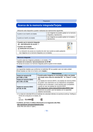 Page 19- 19 -
Preparación
Acerca de la memoria integrada/Tarjeta
•Cuando copia las imágenes grabadas a una tarjeta. (P99)•Tamaño de la memoria: Aproximadamente de 80 MB
•El tiempo de acceso a la memoria integrada podría superar el de la tarjeta.
Las siguientes tarjetas que conforman el  estándar SD se pueden usar con esta unidad.
(Estas tarjetas se citan en el texto como  tarjeta.)
¢2 La clase de velocidad SD es el estándar de velocidad referida a la escritura continua. Verifique a 
través de la etiqueta en la...