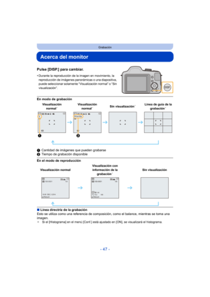 Page 47- 47 -
Grabación
Acerca del monitor
Pulse [DISP.] para cambiar.
•Durante la reproducción de la imagen en movimiento, la 
reproducción de imágenes panorámicas o una diapositiva, 
puede seleccionar solamente “Visualización normal” o “Sin 
visualización”.
En modo de grabación
1Cantidad de imágenes que pueden grabarse
2 Tiempo de grabación disponible
En el modo de reproducción
∫Línea directriz de la grabación
Esto se utiliza como una referencia de composic ión, como el balance, mientras se toma una 
imagen....