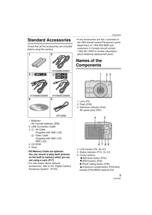 Page 9Preparation
9VQT0U87
Preparation
Standard Accessories
Check that all the accessories are included 
before using the camera.1 Batteries AA Oxyride batteries (ZR6)
2 USB Connection Cable
3 1:AV Cable
(Supplied with DMC-LZ5)
2 : Video Cable
(Supplied with DMC-LZ4/
DMC-LZ3)
4 CD-ROM
5Strap
 SD Memory Cards are optional. You can record or play back pictures 
on the built-in memory when you are 
not using a card. (P17)
 For information about optional  accessories, refer to the “Digital Camera 
Accessory...