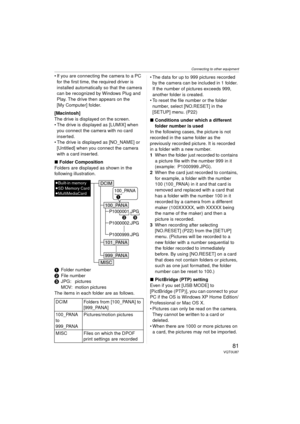 Page 81Connecting to other equipment
81VQT0U87
 If you are connecting the camera to a PC for the first time, the required driver is 
installed automatically so that the camera 
can be recognized by Windows Plug and 
Play. The drive then appears on the 
[My Computer] folder.
[Macintosh]
The drive is displayed on the screen.
 The drive is displayed as [LUMIX] when  you connect the camera with no card 
inserted.
 The drive is displayed as [NO_NAME] or 
[Untitled] when you connect the camera 
with a card...