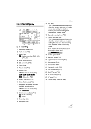 Page 87Others
87VQT0U87
Others
Screen Display
AIn recording
1 Recording mode (P24)
2 Flash mode (P39)
3Burst (P46)
: Audio recording (DMC-LZ5)
(P55, 66)
4 White balance (P62)
5 ISO sensitivity (P63)
6 Focus (P24)
7 Picture size (P64)
8 Quality (P64)
In Motion picture mode (P55) ///
: Jitter alert (P26)
9 Battery indication (P13)
10 Color effect mode (P68)
11 Number of recordable pictures/ Available recording time
In Motion picture mode (P55)
e.g.:
12 Built-in memory/Card (P17) : Built-in memory
:Card
13...