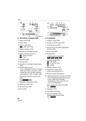 Page 88Others
88VQT0U87
BRecording in simple mode
1 Flash mode (P39)
2 Focus (P24)
3 Picture mode (P27)
: Jitter alert (P26)
4 Battery indication (P13)
5 Number of recordable pictures
6 Built-in memory/Card (P17) : Built-in memory
:Card
7 Recording state
8 AF area (P24)
9 Operation for backlight compensation  (P28)
10 Current date and time  This is displayed for about 5 seconds when the camera is turned on, after 
setting the clock and after switching 
from playback mode to simple mode.
Zoom (P29)/Extended...